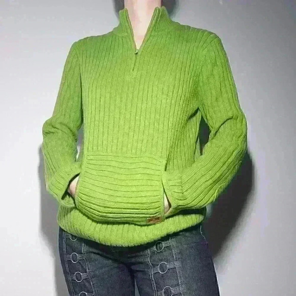 Vintage 90s / Y2K apple green knit acrylic high neck quarter zip-up sweater - Picture 1 of 13